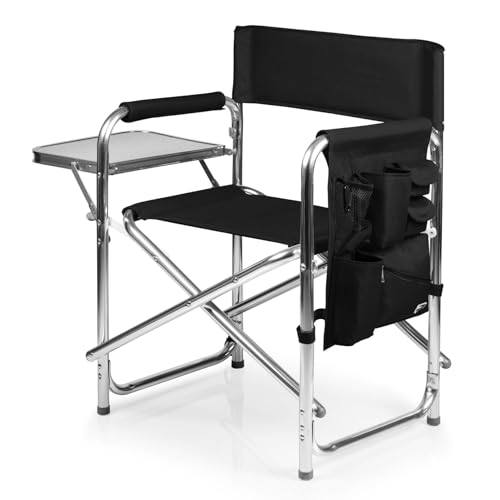 PICNIC TIME Sports Chair with Side Table, Outdoor Foldable Padded Adult Camping Chairs with Cup and Accessory Panel for Lawn, Beach, & Sports Use for Adults, up to 300-lbs Capacity, (Black)