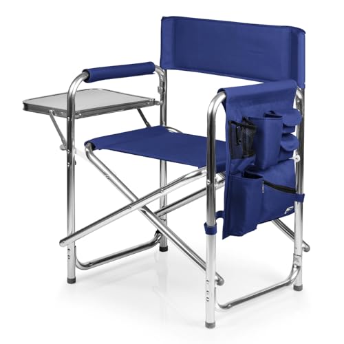 PICNIC TIME Sports Chair with Side Table, Outdoor Foldable Padded Adult Camping Chairs with Cup and Accessory Panel for Lawn, Beach, & Sports Use for Adults, up to 300-lbs Capacity, (Navy Blue)