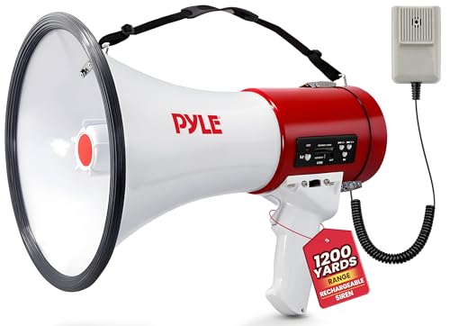 Pyle Megaphone 50-Watt Siren Bullhorn - Bullhorn Speaker w/ Detachable Microphone, Portable Lightweight Strap & Rechargeable Battery - Professional Outdoor Voice for Police & Cheerleading - PMP57LIA