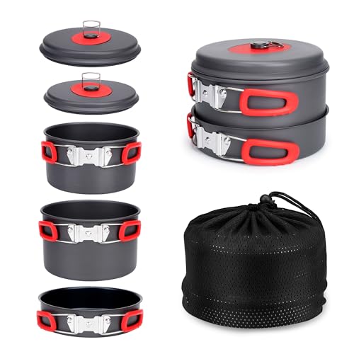 Alocs Camping Cookware Set Camping Gear, Compact Camping Pots and Pans Set, Durable Hard Alumina Camping Cooking Set for Outdoor Backpacking Camping Hiking Picnic, Included Mesh Carry Bag