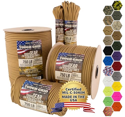 TOUGH-GRID Paracord Rope 750 lbs Nylon Parachute Cord, Made in USA Survival Kit, Outdoor Adventures, Camping, Tactical Gear & Emergency Supplies, Military Type IV Mil-Spec