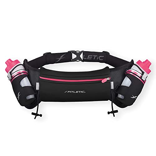 Fitletic Hydration Running Belt with Water Bottles for Men & Women  2 Quick Flow 8oz Running Water Bottles, Patented Bounce Free Design, Water Resistant Pouch Fits All Phones  Hydra 16