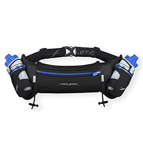 Fitletic Hydration Running Belt with Water Bottles for Men & Women  2 Quick Flow 8oz Running Water Bottles, Patented Bounce Free Design, Water Resistant Pouch Fits All Phones  Hydra 16
