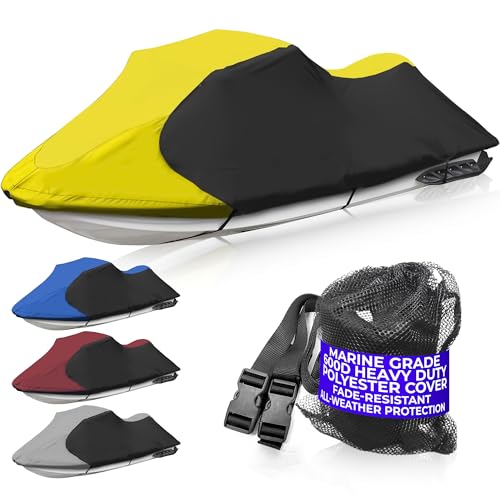 Trailerable Jet Ski Cover, Waterproof Marine Grade 600D Heavy Duty Polyester PWC Cover Yellow/Black Fits from 126" to 135" 3 Seater