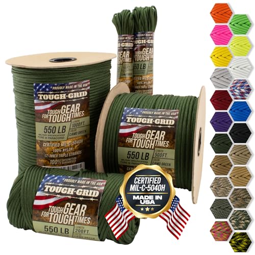 TOUGH-GRID Paracord Rope 550 lbs Nylon Parachute Cord, Made in USA Survival Kit, Outdoor Adventures, Camping, Tactical Gear & Emergency Supplies, Military Type III Mil-Spec