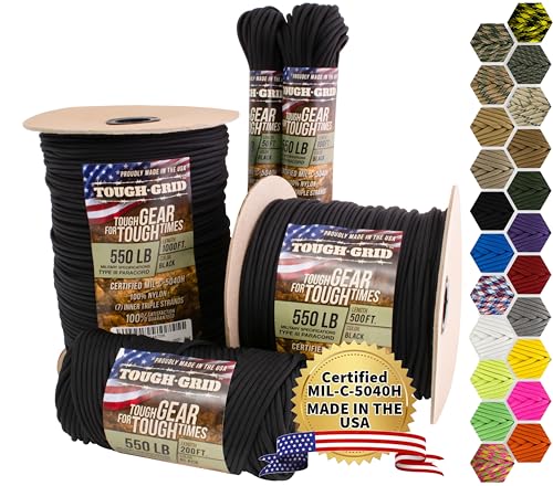 TOUGH-GRID Paracord Rope 550 lbs Nylon Parachute Cord, Made in USA Survival Kit, Outdoor Adventures, Camping, Tactical Gear & Emergency Supplies, Military Type III Mil-Spec