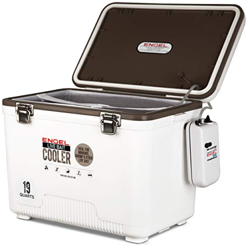 Engel Live Bait Cooler Box with 2nd Gen 2-Speed Aerator Pump - Portable Fishing Station & Minnow Bucket for Shrimp & Other Live Fish with Aerator - ENGLBC-N