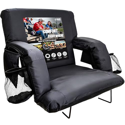 BRAWNTIDE Stadium Seat with Back Support - Comfy Cushion, Thick Padding, 2 Steel Bleacher Hooks, 4 Pockets, 2 Cup Holders, Reclining Back, Ideal Chair for Sport Events, Beaches, Camping, Concerts