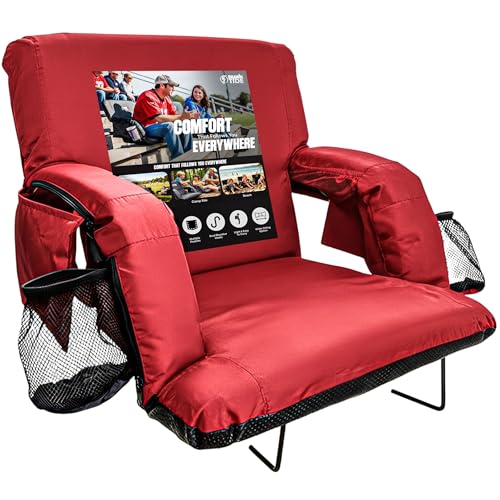 BRAWNTIDE Stadium Seat with Back Support - Comfy Cushion, Thick Padding, 2 Steel Bleacher Hooks, 4 Pockets, 2 Cup Holders, Reclining Back, Ideal Chair for Sport Events, Beaches, Camping, Concerts