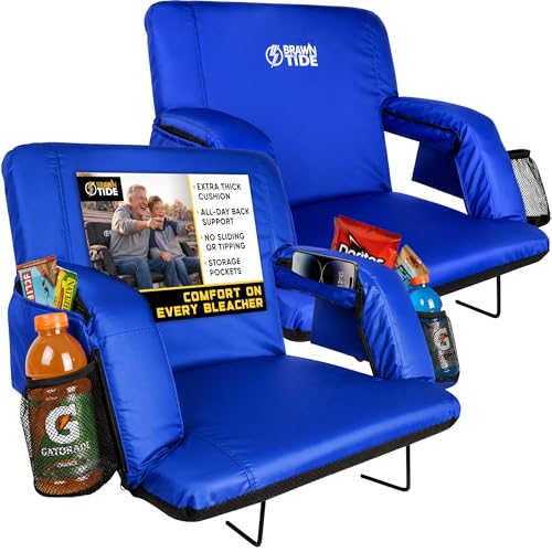 BRAWNTIDE Stadium Seat with Back Support - Comfy Cushion, Thick Padding, 2 Steel Bleacher Hooks, 4 Pockets, 2 Cup Holders, Reclining Back, Ideal Chair for Sport Events, Beaches, Camping, Concerts