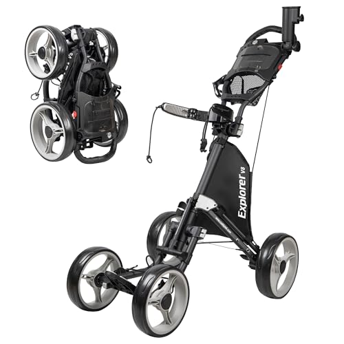 Caddytek Explorer V8 Golf Push Cart - SuperLite 4 Wheel Aluminum Foldable Cart with Adjustable Front Wheel Width, Foot Brake, Cooler Basket, Umbrella Holder, Drink Holder, Scorecard Console