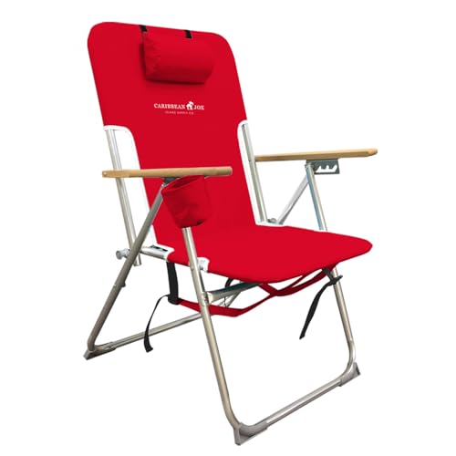 Caribbean Joe Folding Beach Chair, 4 Position Portable Backpack Foldable Camping Chair with Headrest, Cup Holder, and Wooden Armrests, 300 lb Capacity
