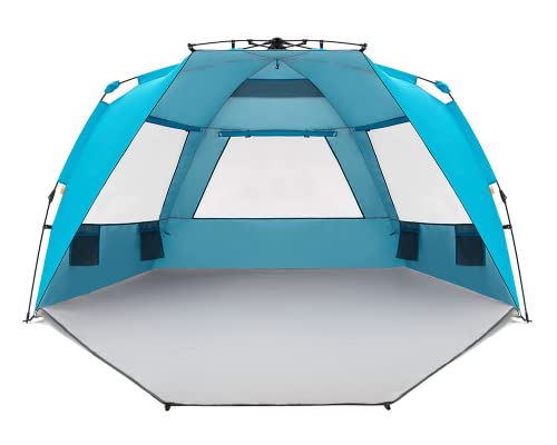 Easthills Outdoors Instant Shader Enhanced Deluxe XL Beach Tent Easy Set Up 4-6 Person Popup Sun Shelter 99" Wide for Family UPF 50+ Double Silver Coating with Extended Zippered Floor Pacific Blue