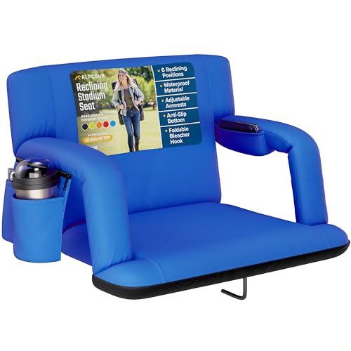 Alpcour Reclining Stadium Seat  Wide Bleacher Chair with Back Support and Cushion, Armrests, Side Pockets, and Bleachers Hook  Best Stadium Seats Chairs for Camping, Kayak, & Paddle Board Backs