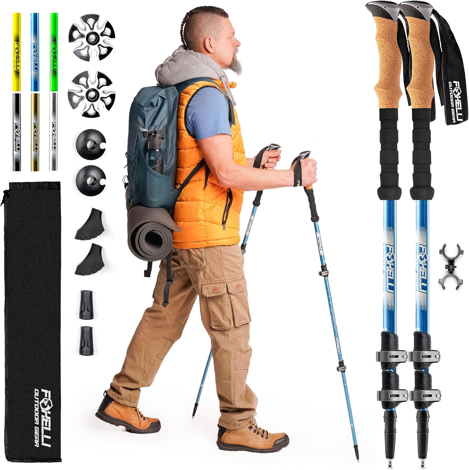Foxelli Trekking Poles  Lightweight Collapsible Aircraft Grade Aluminum Hiking Poles with Cork Grips Quick Locks & All-Terrain Accessories  Pair of 2