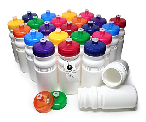 Rolling Sands USA Made 20 Ounce Sports Water Bottles - 24-Pack Bulk BPA-Free Blank Sports Bottles for Teams & Classrooms - White Bottle/Variety Lid, No Smell No Taste