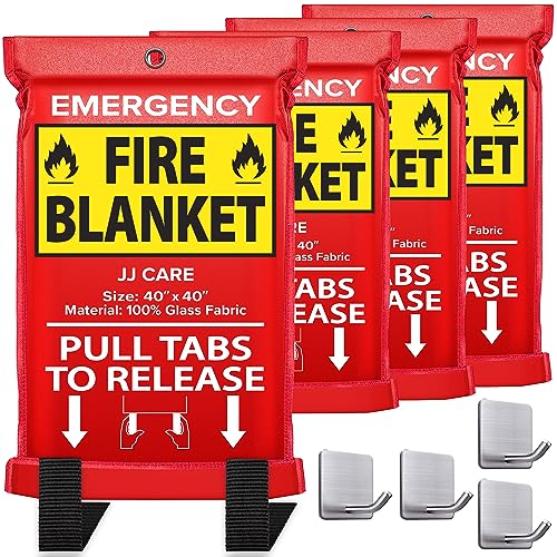 JJ CARE Fire Blanket  4 Packs with Hooks  Emergency Fire Blanket for Home & Kitchen, High Heat Resistant Fire Suppression Blankets for Home Safety, Kitchen, and Camping