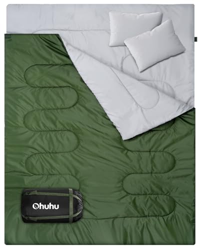 Ohuhu Double Sleeping Bag: Queen Size 2 Person 3 Season for Warm & Cold Weather Camping Sleeping Bag with 2 Pillows, Large Size 87'' x 60'' Waterproof Lightweight