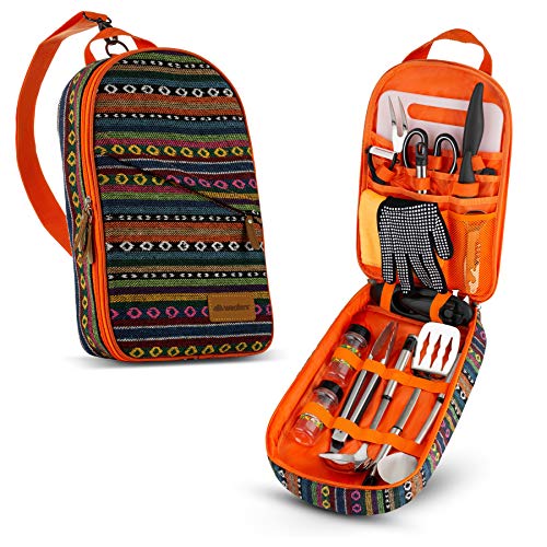 Camp Kitchen Cooking Utensil Set Travel Organizer Grill Accessories Portable Compact Gear for Backpacking BBQ Camping Hiking Travel Cookware Kit Water Resistant Case