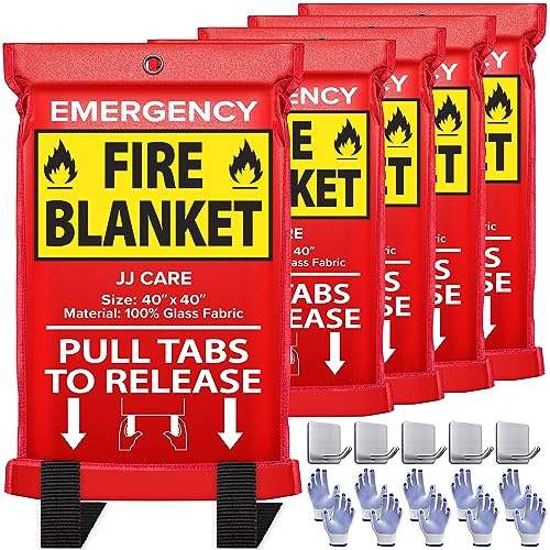 JJ CARE Fire Blanket  5 Packs with Hooks and Gloves  Emergency Fire Blanket for Home & Kitchen, High Heat Resistant Fire Suppression Blankets for Home Safety, Kitchen, and Camping