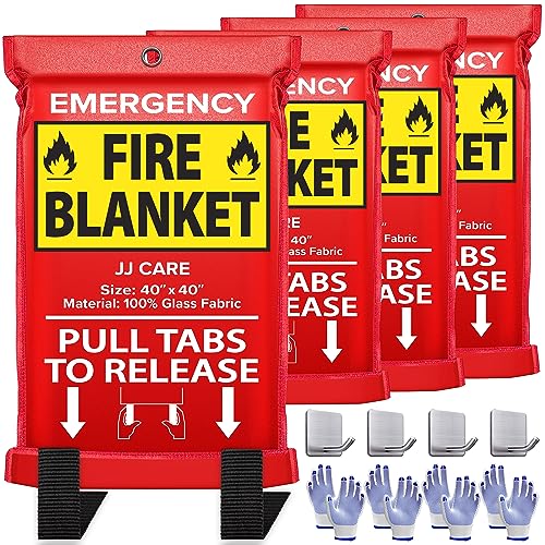 JJ CARE Fire Blanket  4 Packs with Hooks and Gloves  40 x 40 Fire Blankets Emergency for Home and Kitchen, High Heat Resistant and Flame Protection for Kitchen, Car, Office, Camping & Home Safety