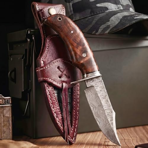 BIGCAT ROAR Bear Hunter - Handmade Damascus Steel Fixed Blade Knife 10" - Walnut Wood Handle & Leather Sheath - Bushcraft Outdoor Camping Skinning & Survival EDC Knife - Collector Hunter Gifts for Men