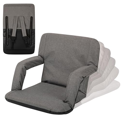 PICNIC TIME Ventura Portable Reclining Stadium Seat with Back Support, Folding Bleacher Chairs with Back and Cushion, Thick Padded Stadium Seat and Armrest and Six Backrest Positions, (Heathered Gray)