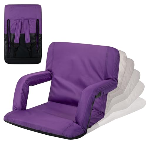 PICNIC TIME Ventura Portable Reclining Stadium Seat with Back Support, Folding Bleacher Chairs with Back and Cushion, Thick Padded Stadium Seat and Armrest, Includes Six Backrest Positions, (Purple)