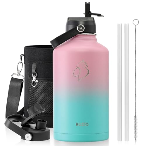 BUZIO Vacuum Insulated Stainless Steel Water Bottle 64oz (Cold for 48 Hrs/Hot for 24 Hrs) BPA Free Double Wall Travel Mug/Flask for Outdoor Sports Hiking, Cycling, Cam,Camping, Running, Bubble Gum
