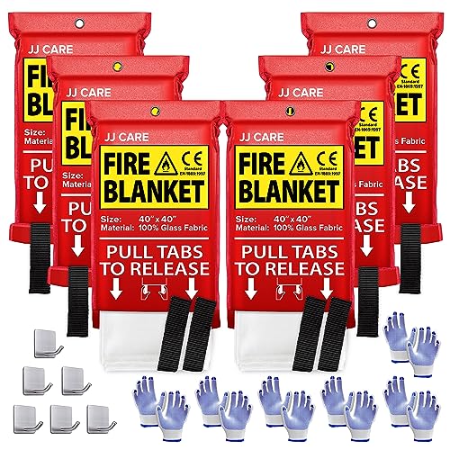 JJ CARE Fire Blanket  6 Packs with Hooks and Gloves  Emergency Fire Blanket for Home & Kitchen, High Heat Resistant Fire Suppression Blankets for Home Safety, Kitchen, and Camping