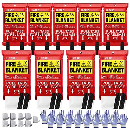 JJ CARE Fire Blanket  9 Packs with Hooks and Gloves  40 x 40 Fire Blankets Emergency for Home and Kitchen, High Heat Resistant and Flame Protection for Kitchen, Car, Office, Camping & Home Safety