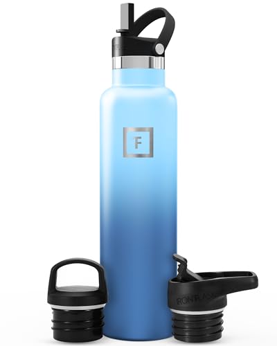IRON FLASK Camping & Hiking Hydration Canteens - 3 Lids (Narrow Straw Lid) Leak Proof Vacuum Insulated Stainless Steel - Hot & Cold Double Walled Sports Water Bottle - Blue Waves, 24 Oz