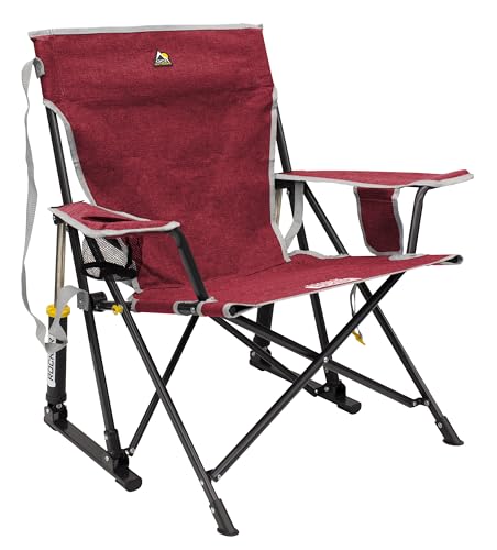 GCI Outdoor Kickback Rocker Camping Chair | Portable Folding Rocking Chair with Durable Armrests, Drink Holder & Relaxed Lowered Seat for Comfort  Red