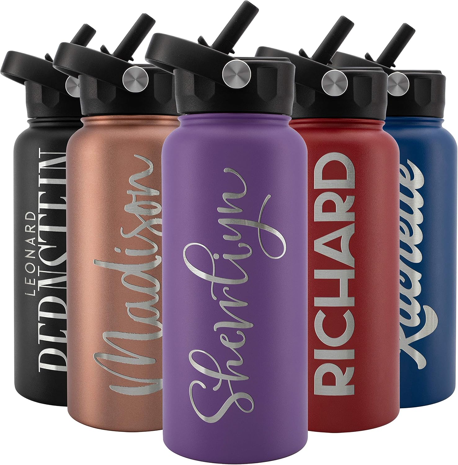 Amazing Items Personalized Water Bottle w/Straw & Lid, 32 oz - Purple | Custom Stainless Steel Sports Water Bottle w/Name and Text - Double-Wall, Vacuum Insulated - Rotating Handle