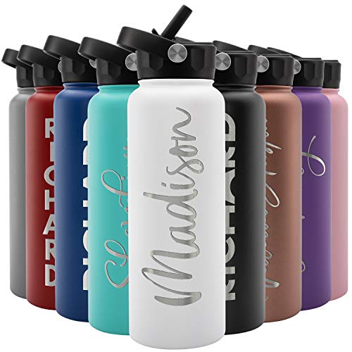 Amazing Items Personalized Water Bottle w/Straw & Lid, 40 oz - White | Custom Large Stainless Steel Sports Water Bottle w/Name and Text - Double-Wall, Vacuum Insulated - Rotating Handle