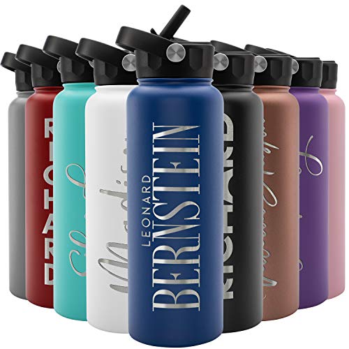 Amazing Items Personalized Water Bottle w/Straw & Lid, 40 oz - Navy Blue | Custom Large Stainless Steel Sports Water Bottle w/Name and Text - Double-Wall, Vacuum Insulated - Rotating Handle