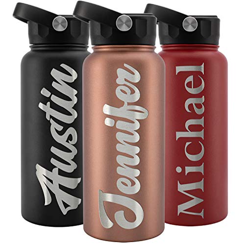 Personalized Water Bottle w Straw Lid Double Wall Insulated | 32 oz - 12 Font - Rose Gold | 9 Color Custom Water Bottle w Name and Text, BPA Free - Non Sweat - Vacuum Insulated