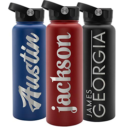 Personalized Water Bottle w Straw Lid Double Wall Insulated | 40 oz - 12 Designs - Red | 9 Color Custom Water Bottle w Name and Text, BPA Free - Non Sweat - Vacuum Insulated