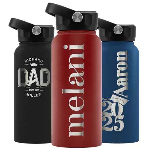 Personalized Water Bottle w Straw Lid Double Wall Insulated | 32 oz - 12 Font - Red | 9 Color Custom Water Bottle w Name and Text, BPA Free - Non Sweat - Vacuum Insulated