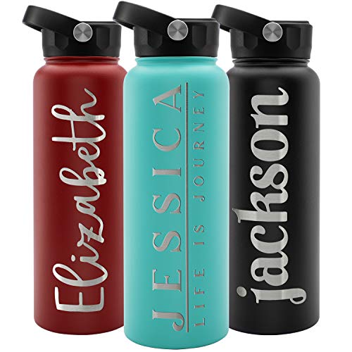 Personalized Water Bottle w Straw Lid Double Wall Insulated | 40 oz - 12 Font - Teal | 9 Color Custom Water Bottle w Name and Text, BPA Free - Non Sweat - Vacuum Insulated