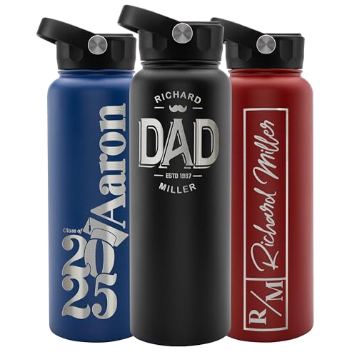Personalized Water Bottle w Straw Lid Double Wall Insulated | 40 oz - 12 Designs - Black | 9 Color Custom Water Bottle w Name and Text, BPA Free - Non Sweat - Vacuum Insulated