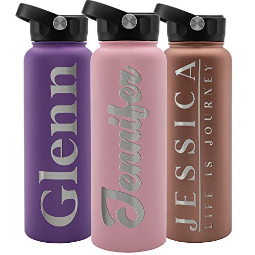 Personalized Water Bottle w Straw Lid Double Wall Insulated | 40 oz - 12 Font - Pink | 9 Color Custom Water Bottle w Name and Text, BPA Free - Non Sweat - Vacuum Insulated