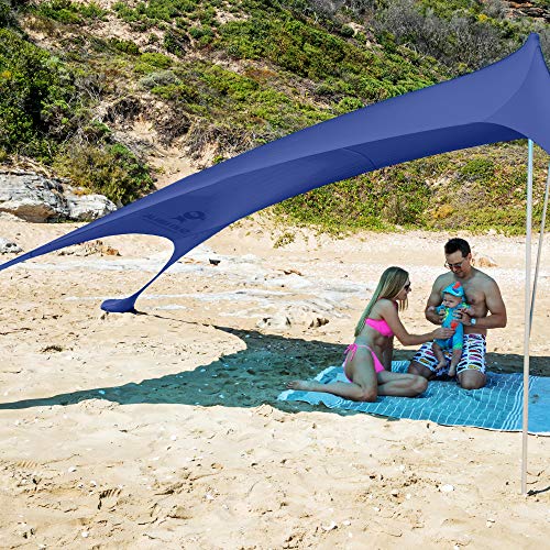 SUN NINJA Beach Tent Sun Shelter with UPF50+ Protection, Includes Sand Shovel, Ground Pegs and Stability Poles, Outdoor Pop Up Beach Shade Canopy for Camping, Fishing, Backyard Fun or Picnics