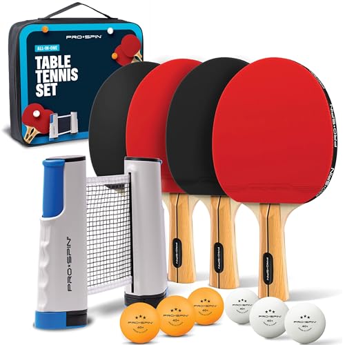 PRO SPIN All-in-One Ping Pong Set - Retractable Ping Pong Net for Any Table (72"), Ping Pong Paddles and Balls, Storage Case - Portable Table Tennis Family Games, Gifts for Boys & Girls