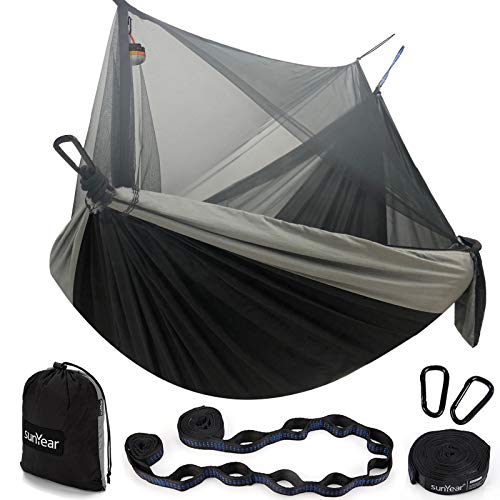 Sunyear Hammock Camping with Rain Fly Tarp and Net, Portable Camping Hammock Double Tree Hammock Outdoor Indoor Backpacking Travel & Survival, 2 Tree Straps,100% Waterproof