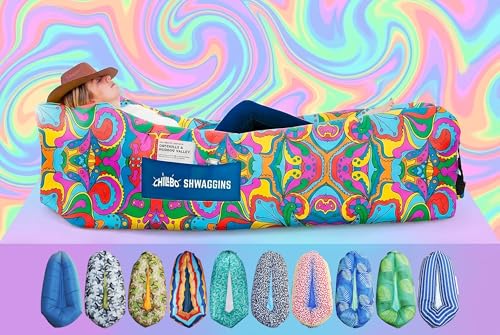 Chillbo Shwaggins Inflatable Couch  No-Pump Setup, Ripstop Polyester, Stability Pegs, Fun Prints, Portable Air Lounger for Beach, Camping, Festivals, and Tailgating - 60s Psychedelic