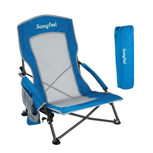 SUNNYFEEL Low Folding Beach Chair for Adults, Portable Lightweight Sling Beach Camping Chairs with Cup Holder, Armrest,Foldable Camp Lawn Chair for Outdoor Sand Concert Travel Sport Events,300LBS