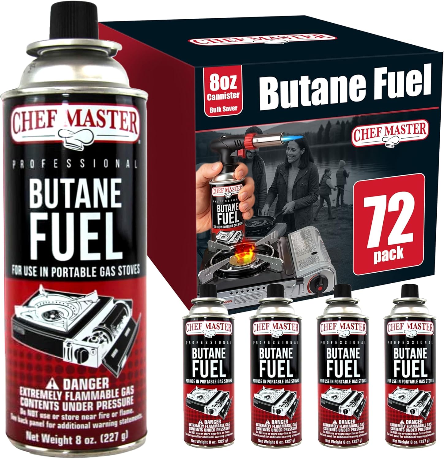 Chef Master 72x 8oz Butane Fuel Canister - Butane Torch Refill & Camp Stove Fuel - Gas Canister for Picnics, Outdoor Cooking, Grilling - Camp Stove, Torch Fuel Camping Essentials - 90340