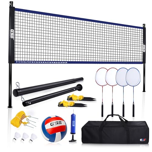 GSE Games & Sports Expert Outdoor Yard Sports Net Game Set for Backyards, Parks, Beach, Lawn. Volleyball Set, Badminton Set OR Volleyball & Badminton Combo Set Available