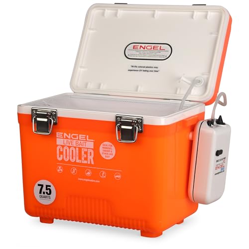 Engel Live Bait Cooler Box with 2nd Gen 2-Speed Aerator Pump - Portable Fishing Station & Minnow Bucket for Shrimp & Other Live Fish with Aerator - ENGLBC-N